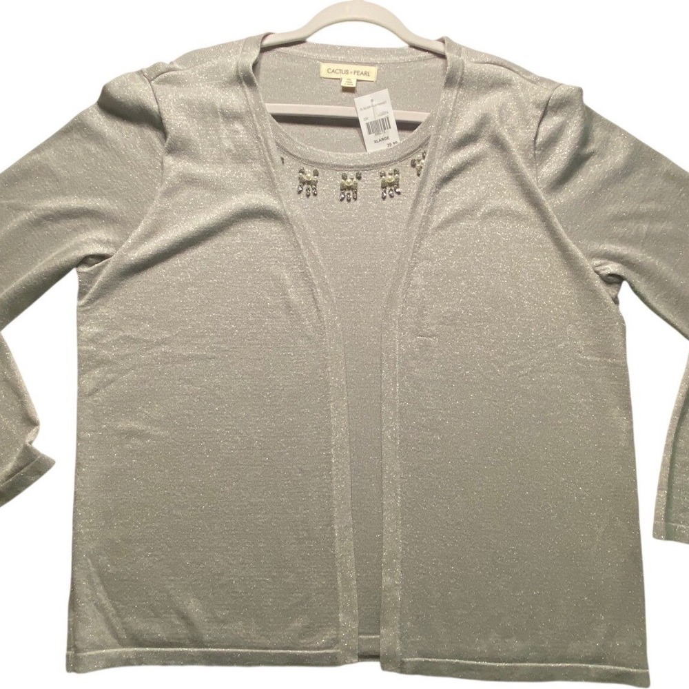 Cactus + Pearl Womens XL Silver Metallic Faux Twinset Embellished Sweater NWT